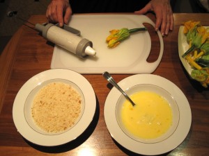 set up area to prepare stuffed zucchini blossoms