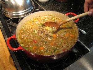lentil & sausage soup with fennel in pot