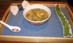 lunch of miso soup and edamame