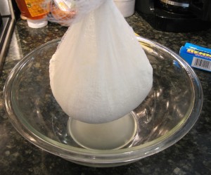 Cheese Making - hanging the cheese in cheesecloth