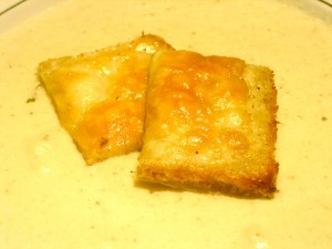 Cheesy Croutons on Roasted Cauliflower Soup