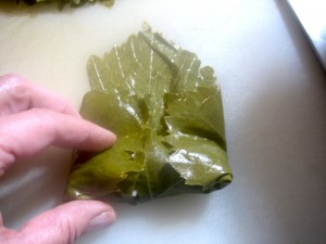 Rolling the stuffed grape leaf