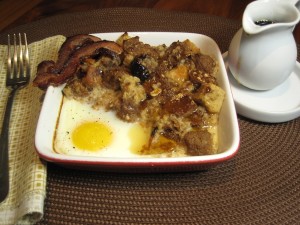 French Toast Bread Pudding with Egg & Bacon for Breakfast