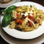 Whole Wheat Penne Pasta with fresh tomatoes, basil, garlic, Kalamata olives and artichokes