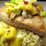 CousCous & Tuna Steak topped with Avocado Mango Salsa