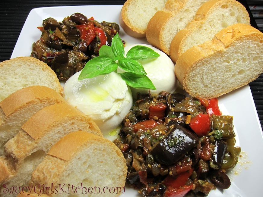 Caponata with Fresh Italian Bread and Burrata Cheese