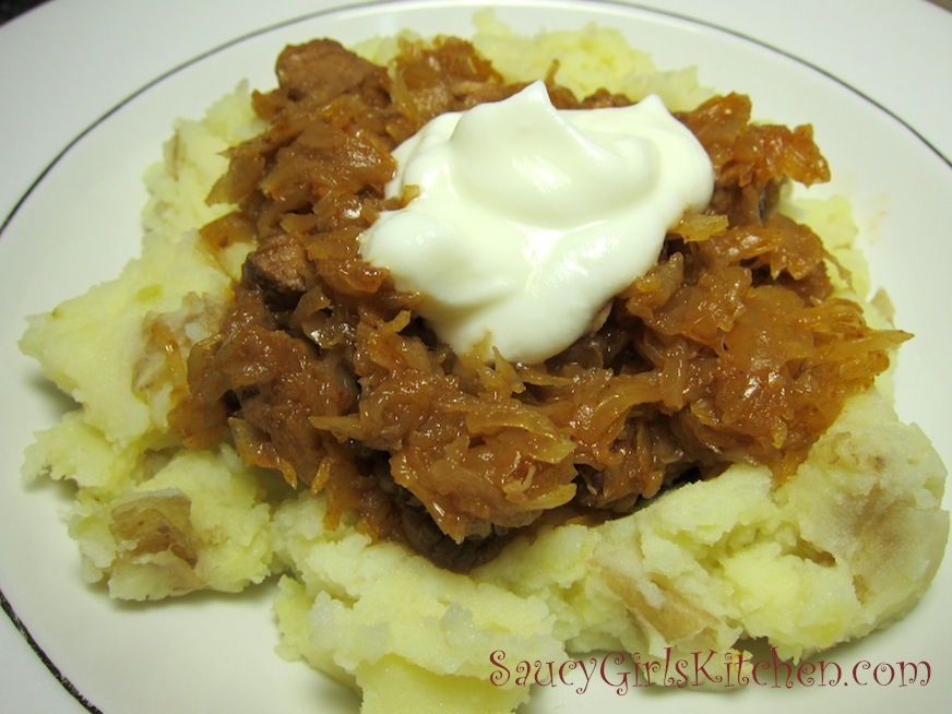 Transylvanian Goulash over Creamy Mashed Potatoes, topped with Yogurt