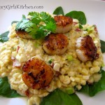 Scallops over fresh Creamed Corn with Bacon, Scallions and Cilantro