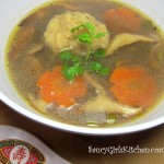 A bowl of Wild Mushroom Soup with Cilantro Dumplings